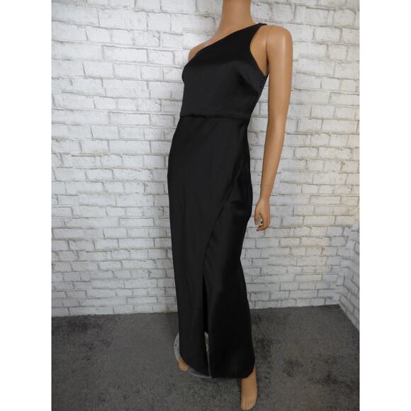$248 BHLDN Dylan One Shoulder Satin Side Slit Gown in Black 12 NEW - Picture 8 of 13